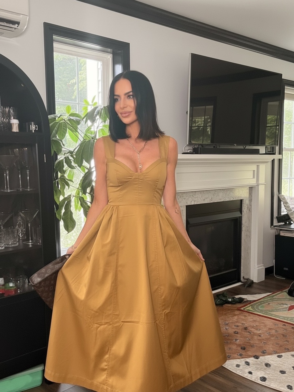 7 For All Mankind Mustard Dress Fitted Bodice with Full Bottom Skirt